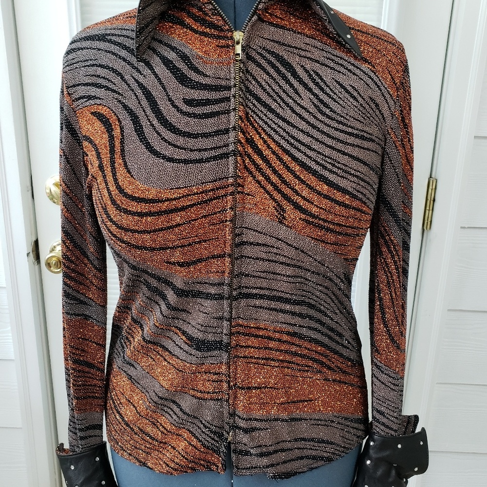 TLC Show Blouse. Copper taupe and black
